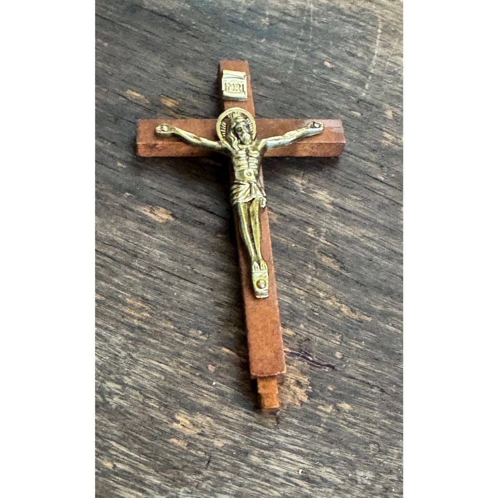 Vintage Wood and Brass Cross Crucifix Jesus INRI 4"